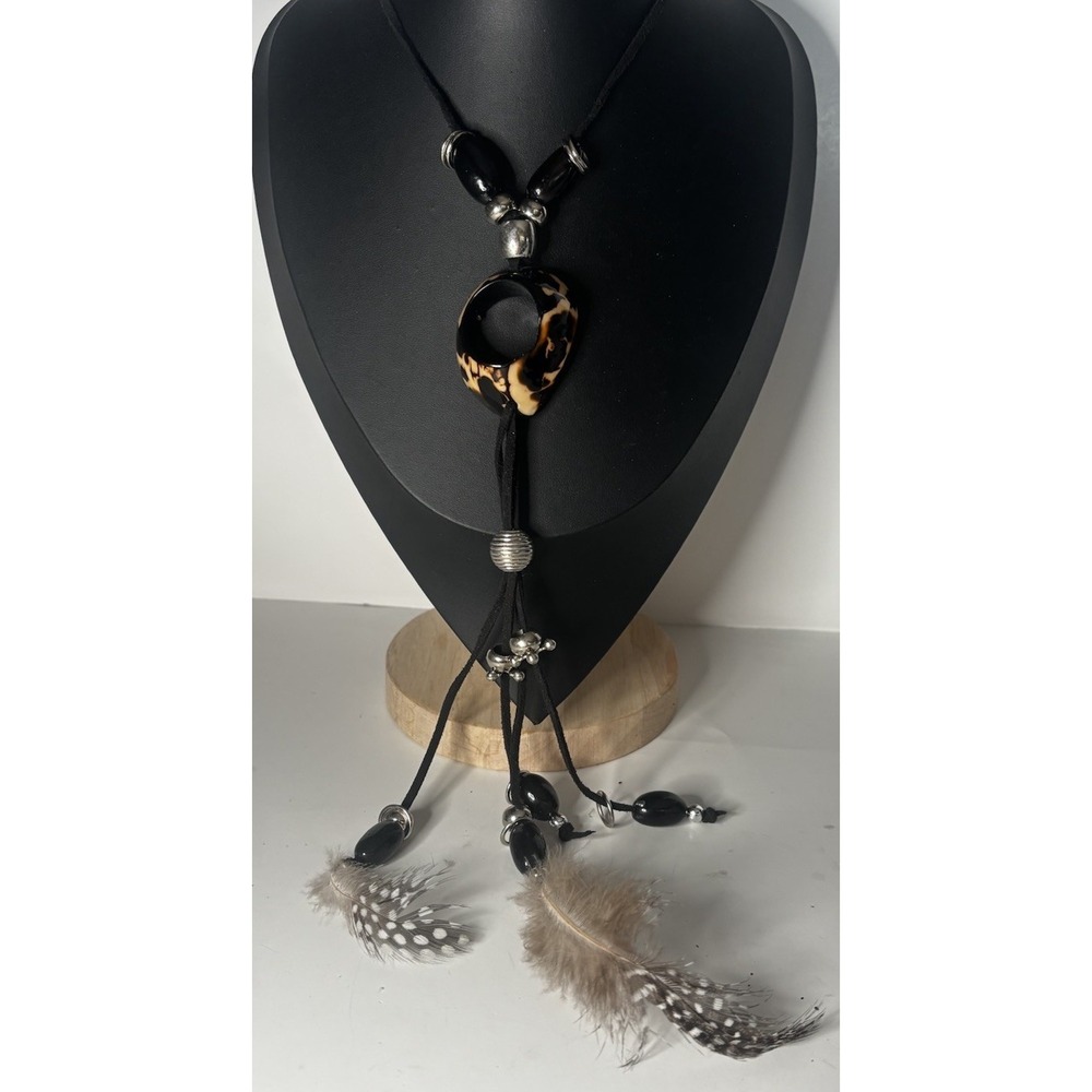 Y2K Boho Faux Tortoise Resin Pendant Necklace Feather Tassel Lariat